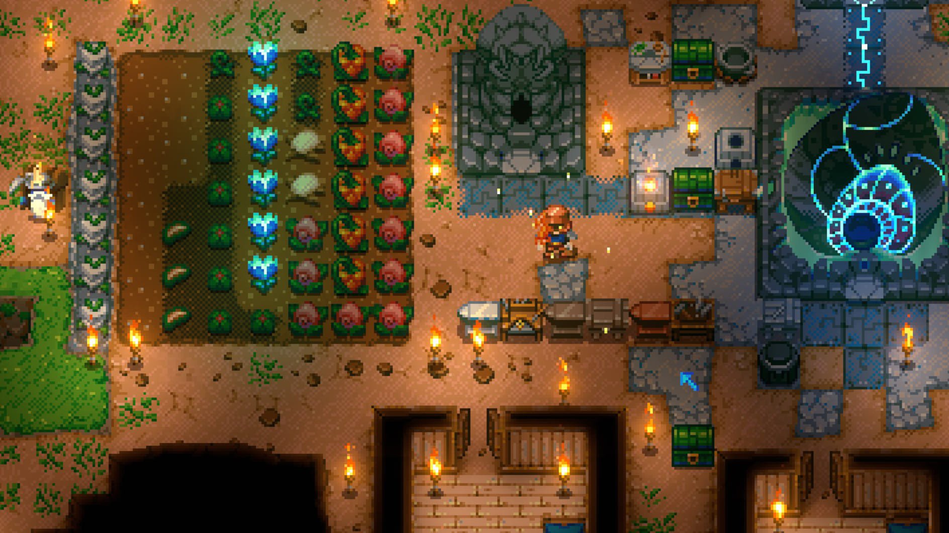 Player farming inside of their base, with colourful plants.