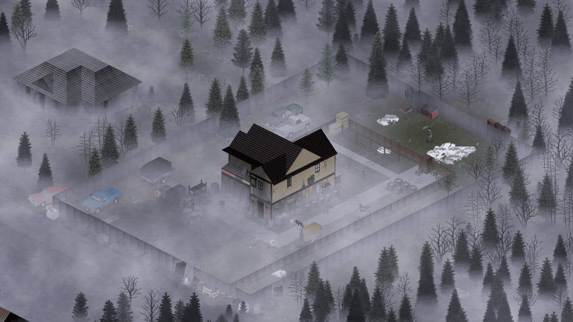 zombie infested house in foggy woods