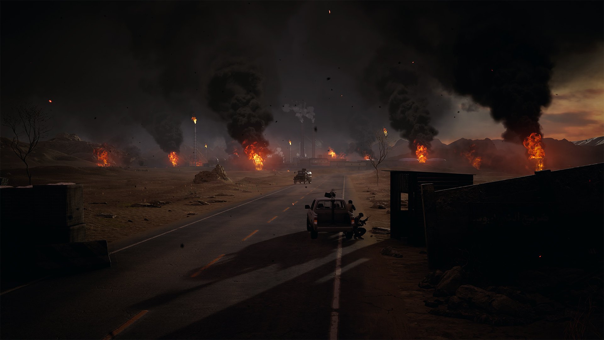 insurgency sandstorm players crouched behind vehicle looking at explosions