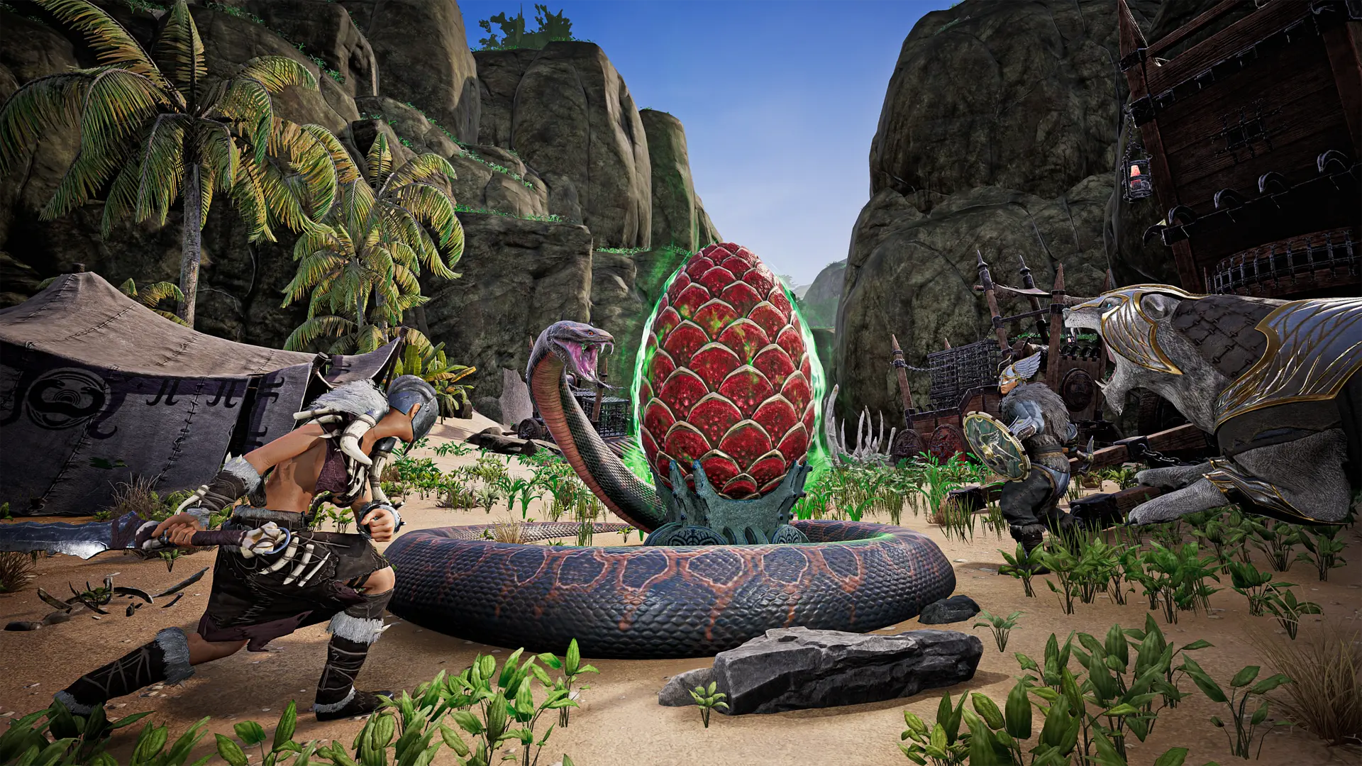 Survivors and pets defeating a snake boss, with large egg.