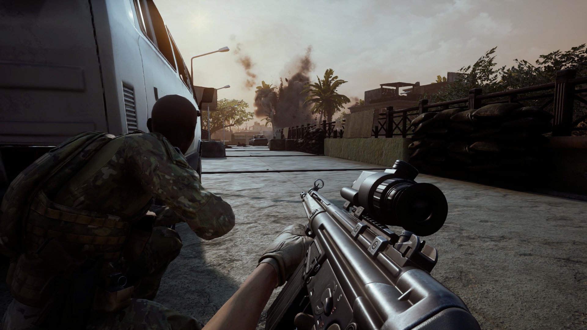 insurgency sandstorm ally and teammate with mp5 peaking around vehicle