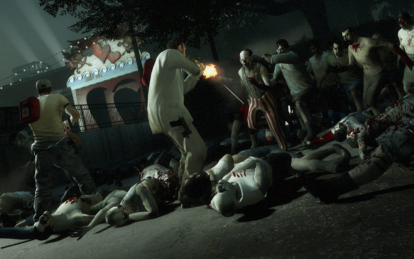 Sobreviventes no chão, disparando contra zombies.