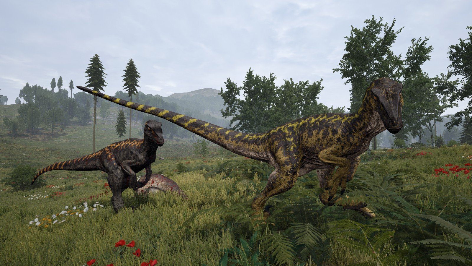 Two black and orange dinosaurs in the field, alongside a deceased dinosaur